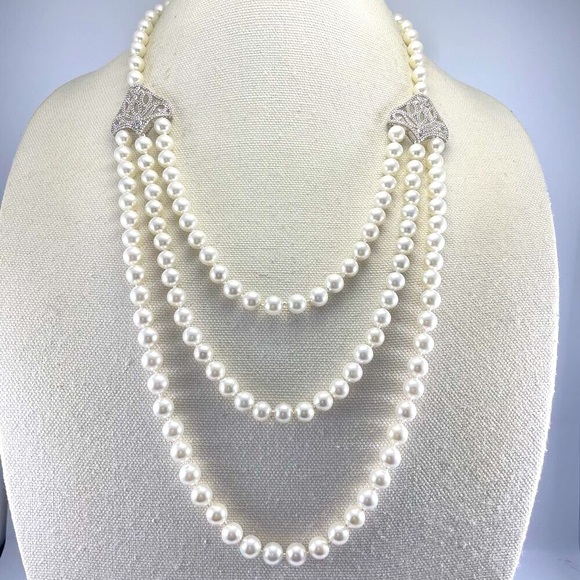 Multi Layer Bold Chunky Statement Necklace Glass Pearls Rhinestones Details - Picture 1 of 9